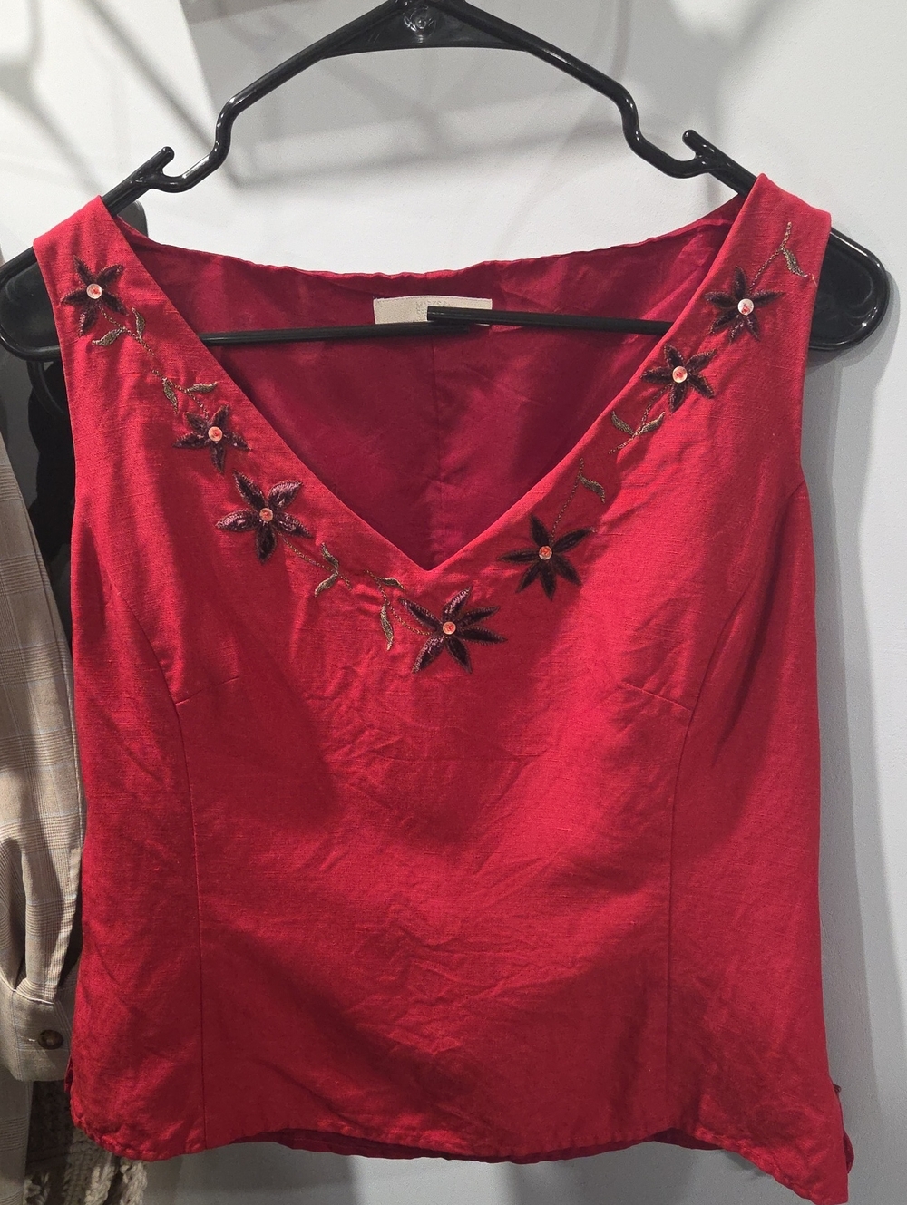Marks& Spencer Red Sleeveless V-Neck Top with Floral Embroidery